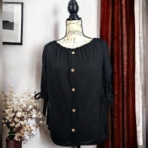 NWT Love Women's Black Faux Button Down Blouse Size XL Tie string sleeves